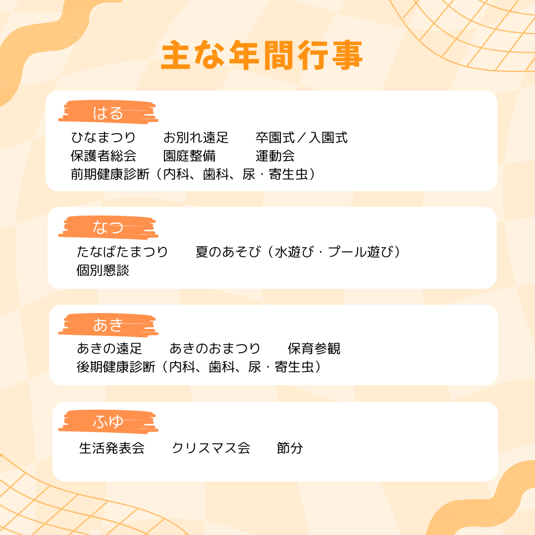 主な年間行事を示す図。「春」ひなまつり、お別れ遠足、卒園式・入園式、保護者総会、園庭整備、運動会、前期健康診断、「夏」たなばたまつり、水遊び、個別懇談、「秋」秋の遠足、秋のお祭り、保育参観、後期健康診断、「冬」生活発表会、クリスマス会、節分の順に進行する。