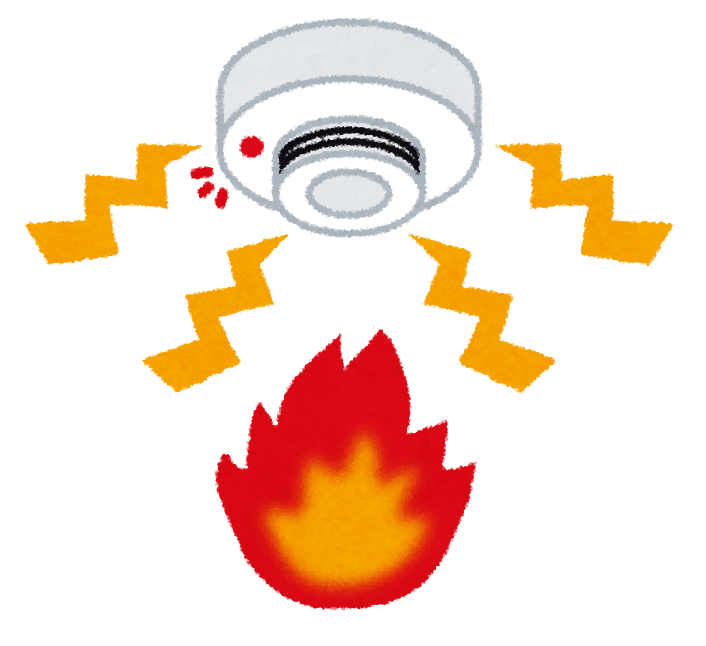 火の上にある火災警報器が反応している様子のイラスト