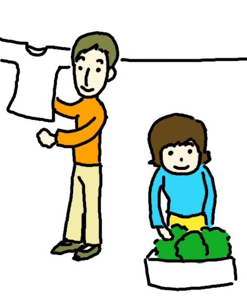 男性が洗濯物を干し、女性が花壇の手入れをしているイラスト