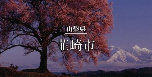 全体的に薄暗く、雪の降り積もった山脈を背景に満開の桜の木が写っており、中央に山梨県韮崎市の文字がある写真