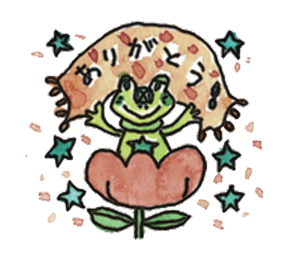 韮崎市のイメージキャラクターニーラが花の中でありがとうと書かれた布を持っているイラスト