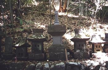 山中の斜面の下にいくつもの家のような形をした墓石が並べられており、中央の墓石が大きく塔のような形をしている墓石の写真