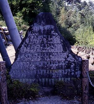 三角形の形の板石に阿弥陀三尊の種子と観音像百体が刻まれている一石百観音石像の写真