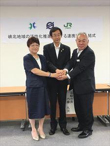 韮崎市・北杜市・JR東日本八王子支社の代表の3人が手を重ねている写真