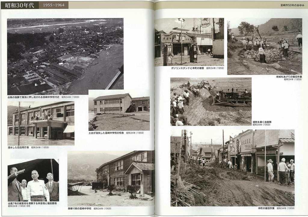 韮崎市50年のあゆみ2ページにわたって掲載されている昭和30年代に発生した台風災害9枚の写真