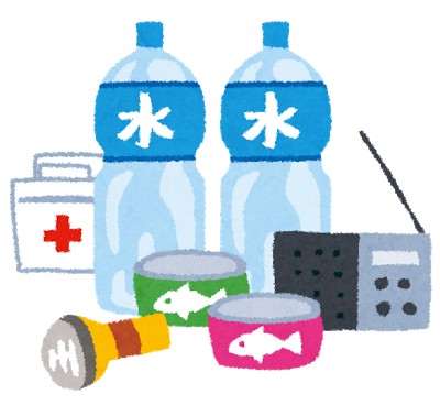 救急箱、ペットボトルの水、懐中電灯、缶詰、ラジオの防災グッズのイラスト