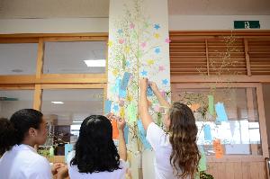 フェアフィールド市の高校生が韮崎市内の学校で笹の木に短冊をかけている写真