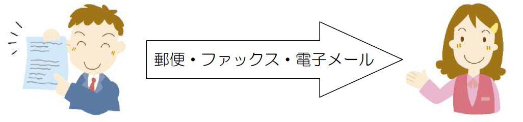 申込みの流れ（郵便・ファックス・電子メールの言葉が矢印の中に書かれている）のイラスト