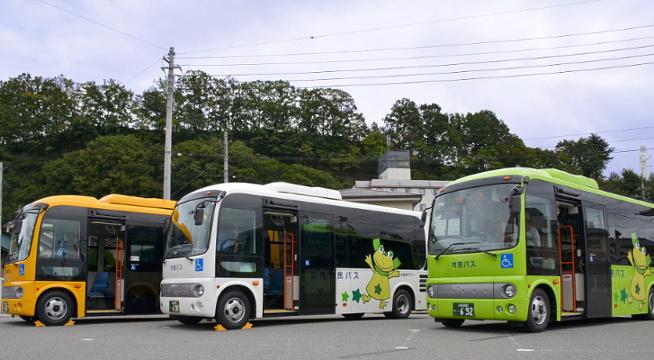 黄色、白、黄緑色をし、バス側面にニーラの絵が描かれた3台の市民バスが並んでいる写真